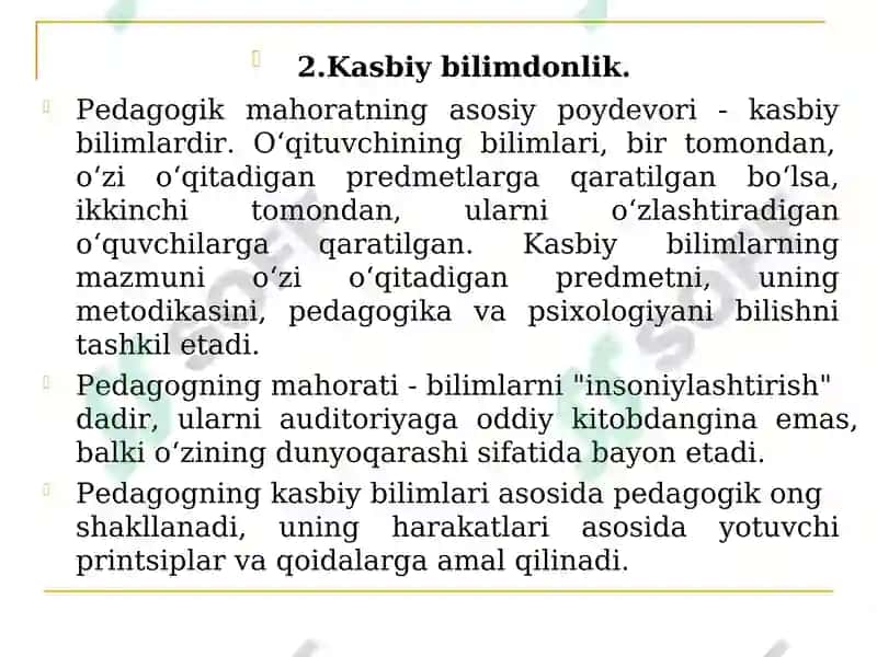 Pedagogik mahorat haqida tushuncha, uning oʻqituvchi faoliyatida tutgan oʻrni. Pedagogik mahorat fanining vazifalari va asosiy tarkibiy qismlari. 7