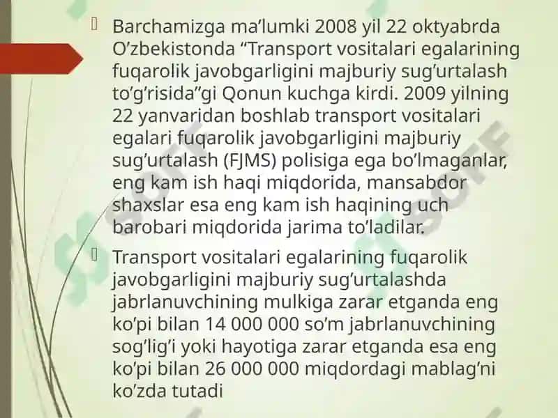 Avtotransport vositalari egalarining uchinchi shaxslar oldidagi fuqarolik javobgarligini sug’urtalash 7