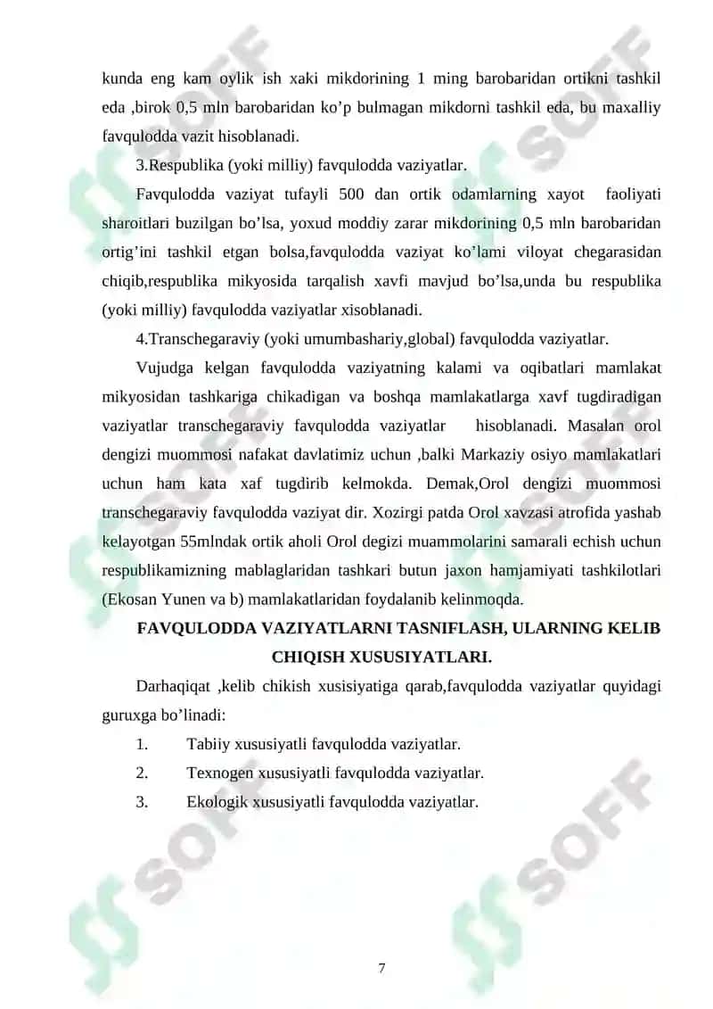 FAVQULODDA VAZIYATLARNING TASNIFI, TAVSIFI VA ULARNING XUSUSIYATLARI. 7