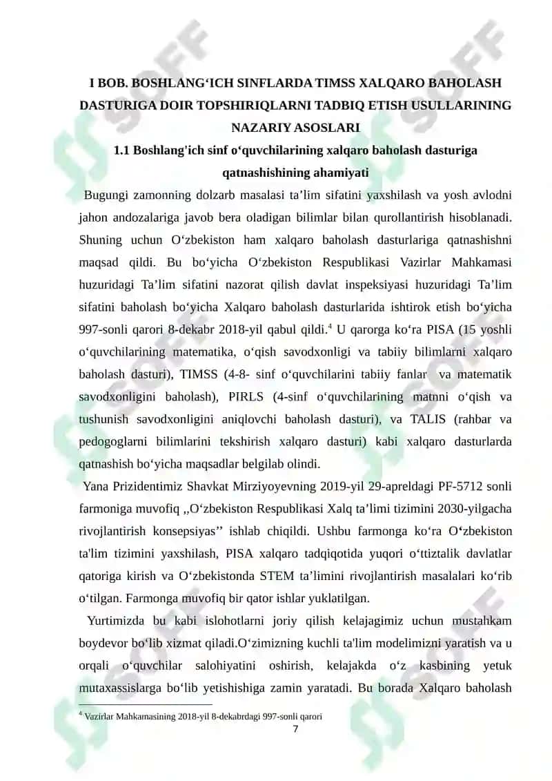 Boshlang’ich sinf matematika darslarida TIMSS xalqaro baholash dasturiga doir topshiriqlarni tadbiq etish texnologiyasi 7