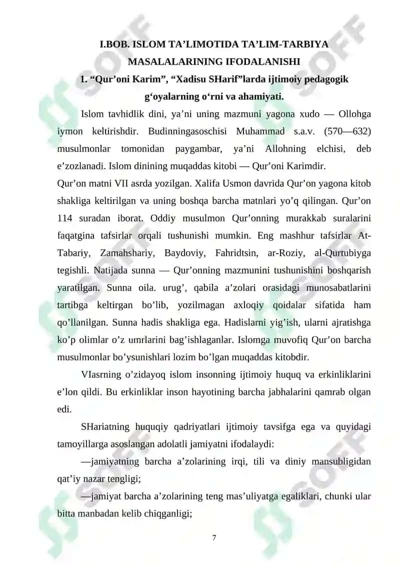 “O‘ZBEK XALQ PEDAGOGIKASI VA ISLOM TA’LIMOTIDA IJTIMOIY-PEDAGOGIK G‘OYALAR” KURS ISHI 7