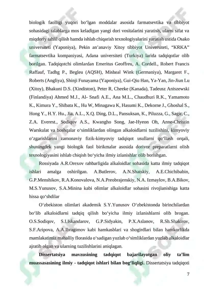 COLCHICUM KESSELRINGII O‘SIMLIGI TARKIBIDAN KOLXAMINNI AJRATIB OLISH TEXNOLOGIYASINI TAKOMILLASHTIRISH VA UNING HOSILALARI SINTEZI 7