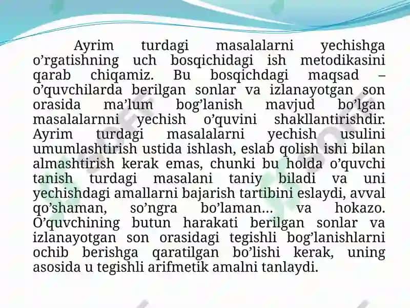 O’quvchilarni matematik tafakkurini rivojlantirish jarayonida masalalarning ahamiyati. Masala yechishda umumiy va xususiy usular 7