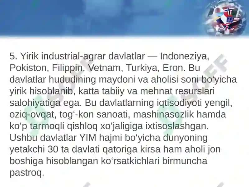 Osiyo mamlakatlarining iqtisodiy rivojlanganligi 7