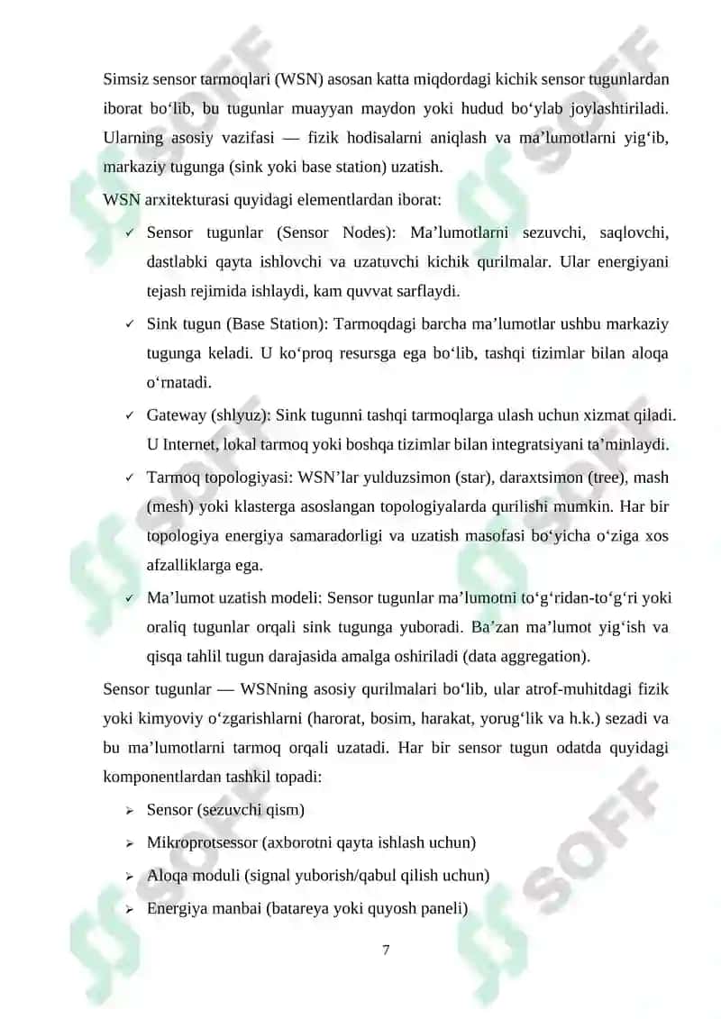 Mobil Ad-hoc tarmoqlari (MANET). Simsiz sensor tarmoqlari uchun protokollar 7