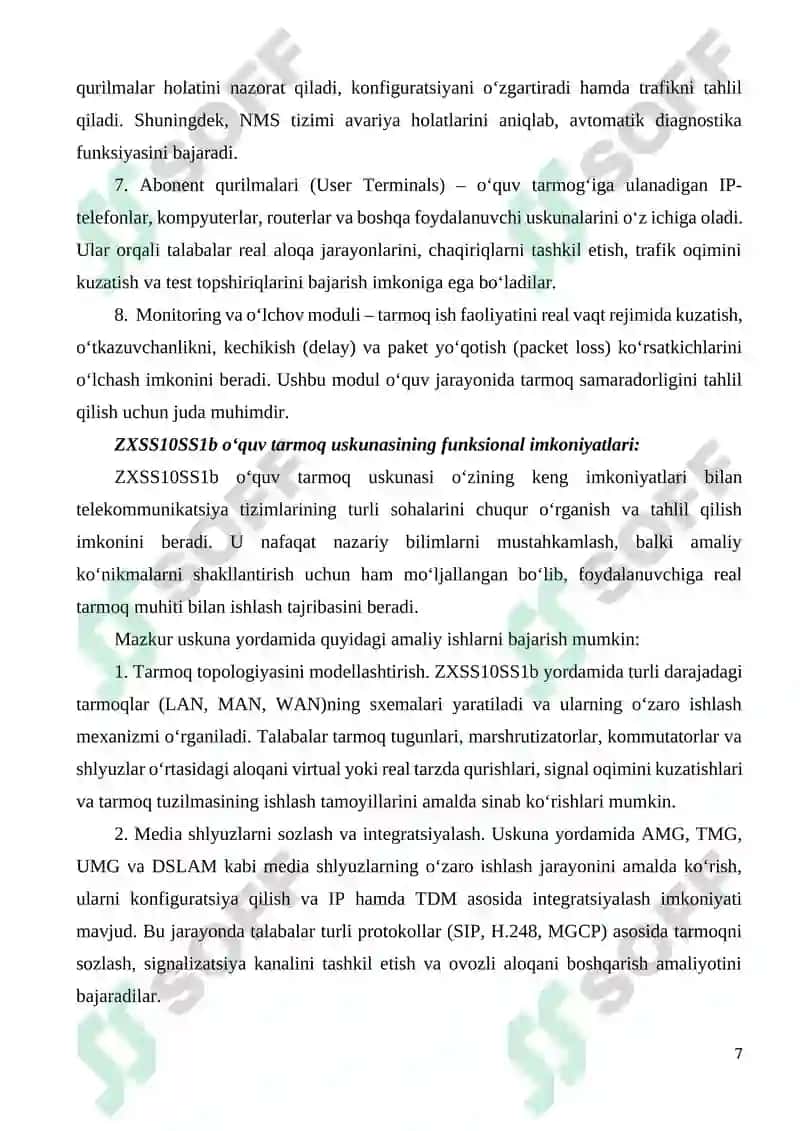 ZXSS10SS1b o'quv tarmoq uskunalari,media shlyuzlari turlarini o'rganish, AMG, TMG, UMG, DSLAM mediashlyuzlarining xarakteristikalari. 7