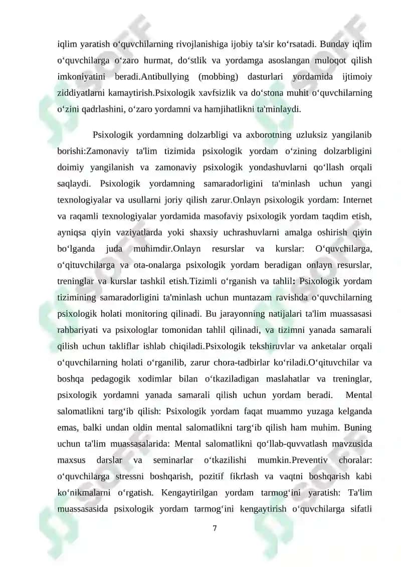 Ta’lim psixologiyasi; qo’llab-quvvatlash maydoni; kuzatuv maydoni. 7