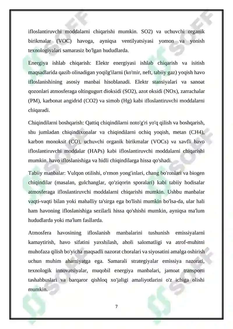 ATMOSFERA HAVOSINI IFLOSLANTIRUVCHI MANBALAR VA BIRIKMALARNI AJRATING 7