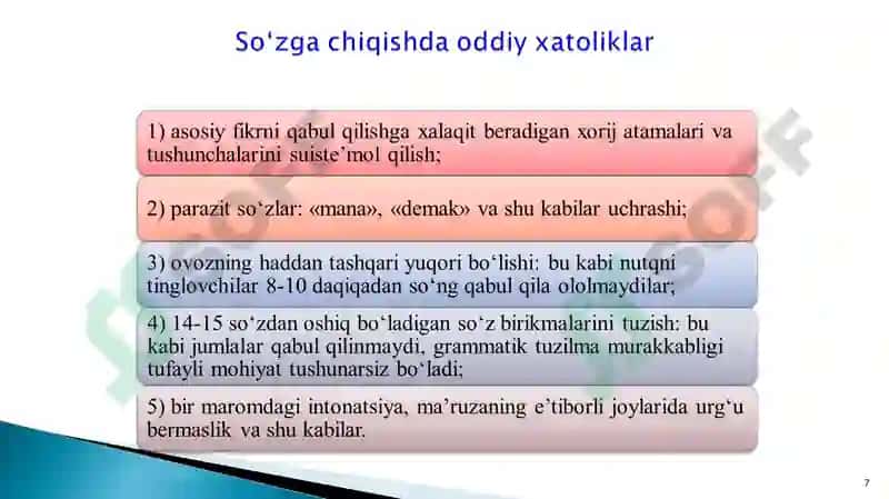 AXBOROTNI OGʻZAKI RAVISHDA YETKAZISH BOʻYICHA MUSTAQIL FAOLIYATNI TASHKIL ETISH 7