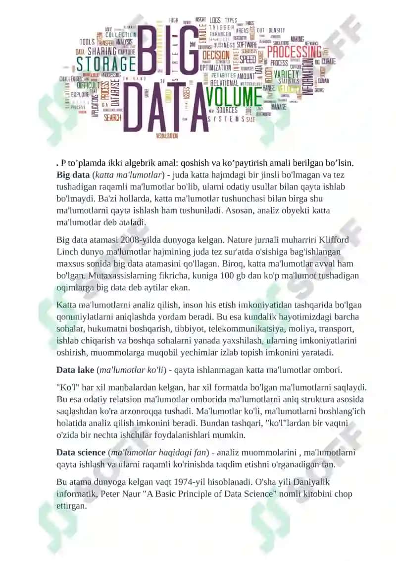 Katta ma’lumotlar (Big Data) va ularni qayta ishlash usullari. 7