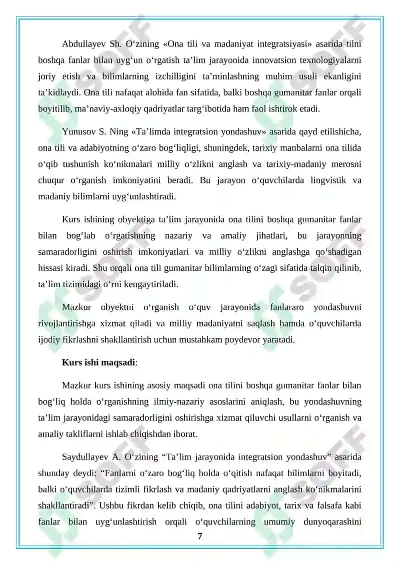 Ona tilini boshqa gumanitar fanlarga bogʻlab o‘rganish. 7