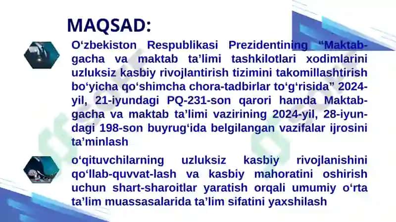 "UZLUKSIZ KASBIY RIVOJLANTIRISH TIZIMINI TAKOMILLASHTIIRISH YOKI“KASBIY RIVOJLANTIRISH KUNI”VA“KASBIY RIVOJLANTIRISH SOATI”TUSHUNCHALARI HAQIDA" 7