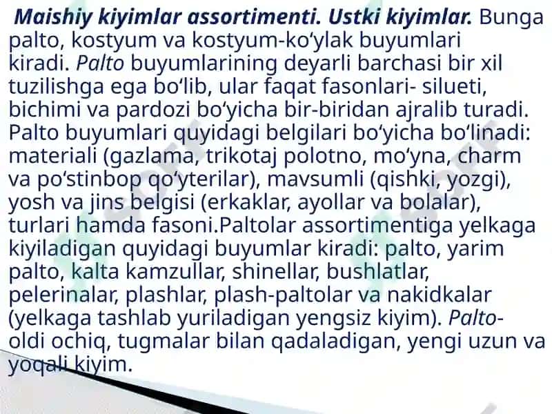 KIYIM ASSOR-TIMENTI VA KIYIM HAQI-DA MA’LUMOT. KIYIMLARGA QO’YILADI-GAN TALABLAR 7