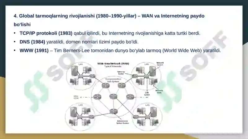 Kompyuter tarmoqlarining rivojlanish tarixi.  Kompyuter tarmoqlarining rivojlanish bosqichlari, Kompyuter tarmoqlarining rivojlanishiga muhim hissa qo’shgan kishilar, kompyuter tarmog‘I tushunchasi, kompyuter tarmog‘ining tarkibi. Kompyuter tarmoqlarining asosiy qurilmalari. 7