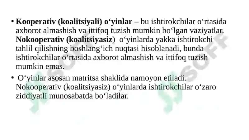 O‘YINLARNAZARIYASI VA O‘ZARO HAMKORLIKLARNI MODELLAShTIRISh 7