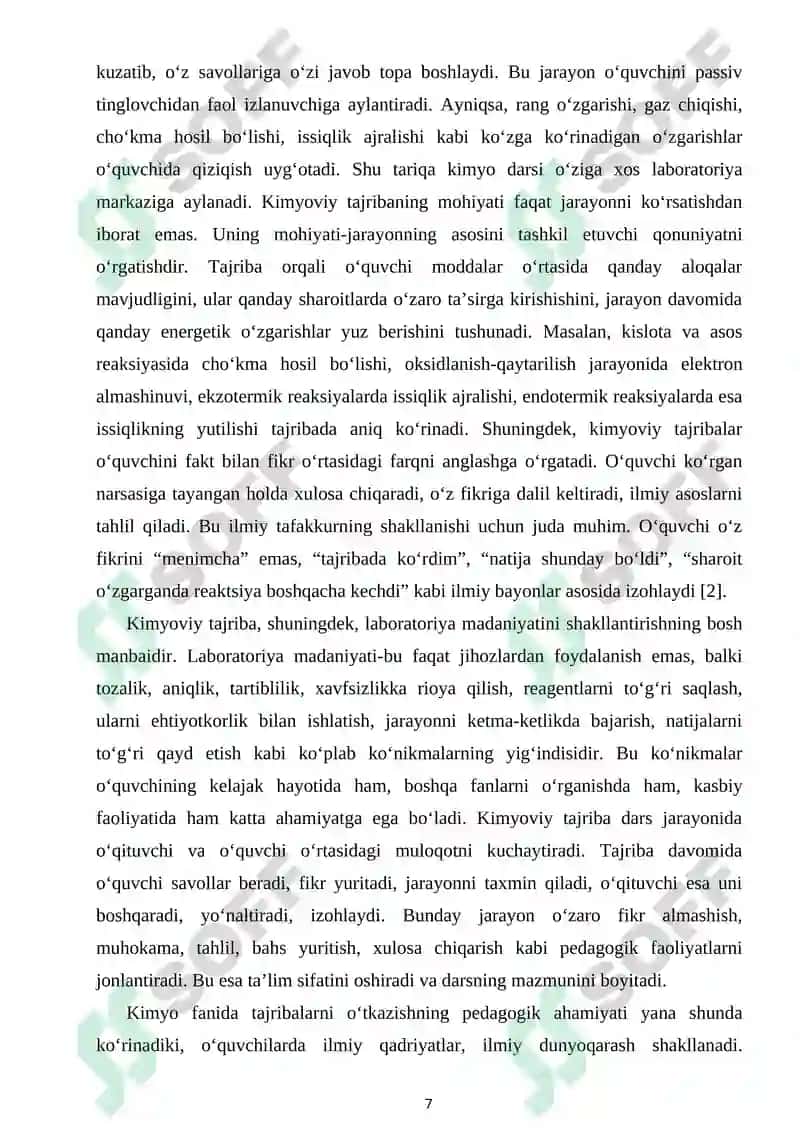 TAJRIBA O‘TKAZISH VA ULARNI OG‘ZAKI TUSHUNTIRISH BILAN UYG‘UNLASHTIRISH 7