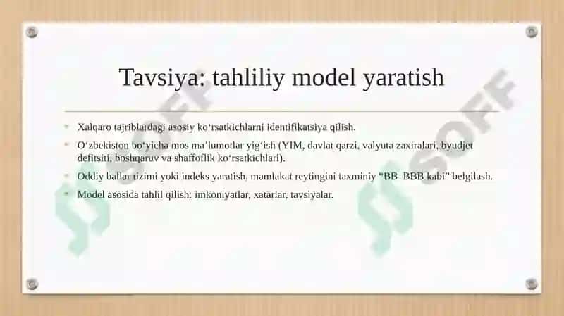 Moliyaviy holatni reyting baholash bo‘yicha xalqaro tajribalar va ulardan mamlakatimiz tahlil amaliyotida foydalanish imkoniyatlari. 7