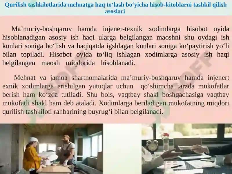Qurilish tashkilotlarida mehnatga haq to‘lash bo‘yicha hisob - kitoblar hisobi 7