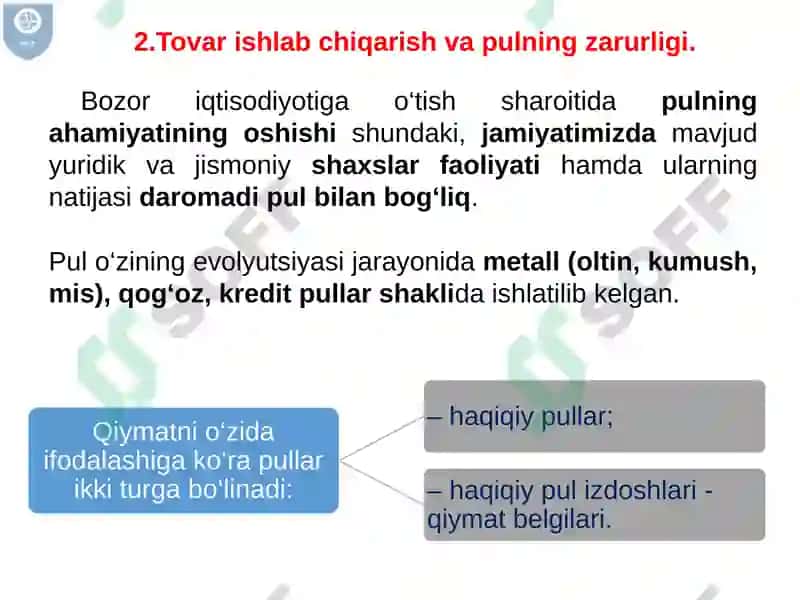 Pulning paydo bo‘lishi, zarurligi va funksiyalari. Pul nazariyasi. 7