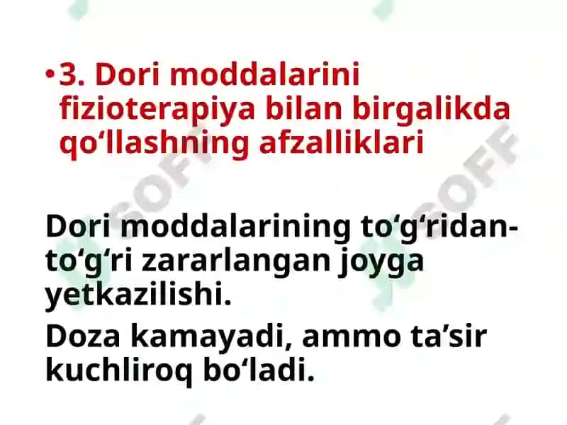 Fizioterapevik muolajalar va dori moddalarini birgalikda qo’llash 7
