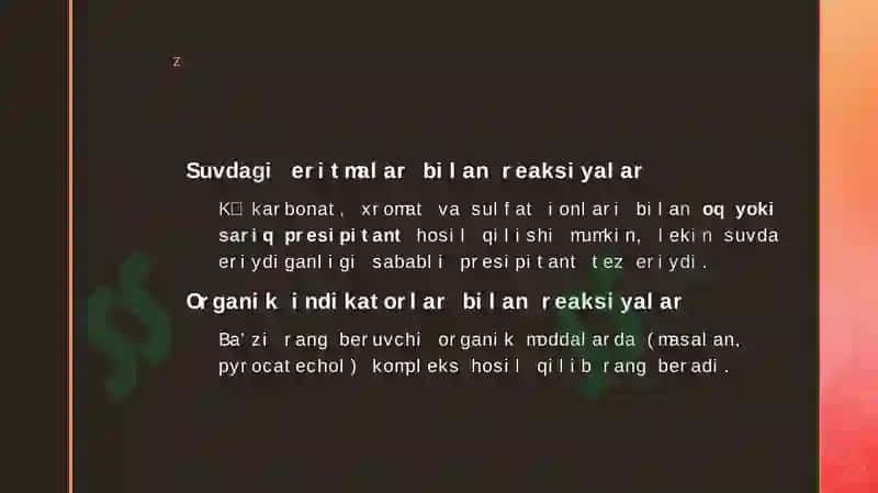 BIRINCHI GURUH KATIONLAR (K+NA+). KALIY VA NATRIY KATIONLARIGA XOS REAKSIYALAR 7