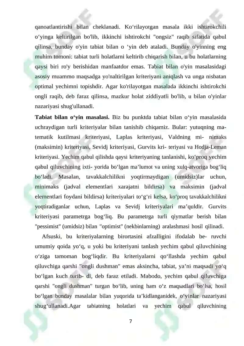 Tavakkalchilik va aniqmaslik sharoitida yechim qabul qilish. Kooperativ o‘yinlar KURS ISHI 7