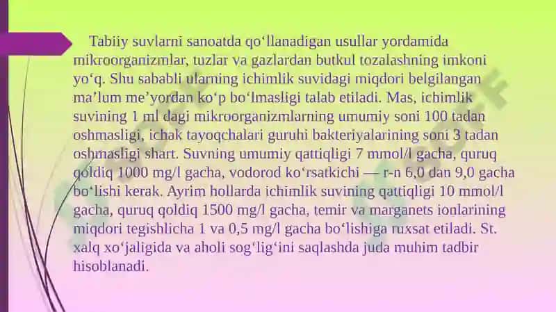Tabiiy va sanoat oqava suvlarini tozalashda koagullanishni qo’llanilishi. 7