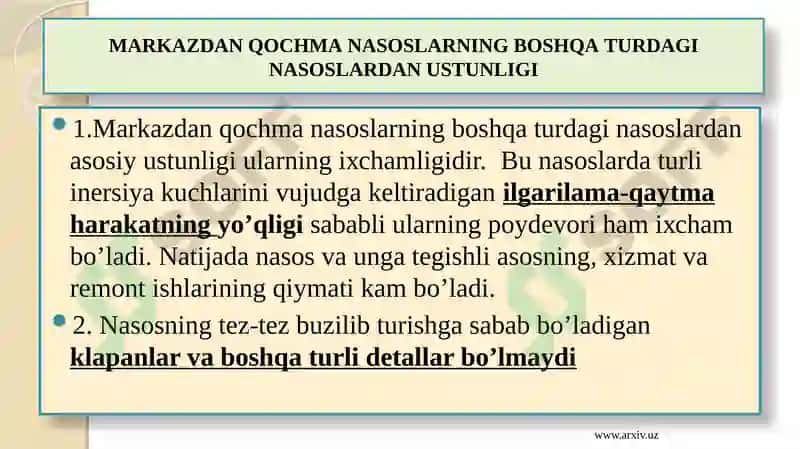 NASOSLAR VA ULARNING TASNIFI. DINAMIK NASOSLAR. PARRAKLI NASOSLARNING TUZILISHI VA ISH PRINSTIPI 7