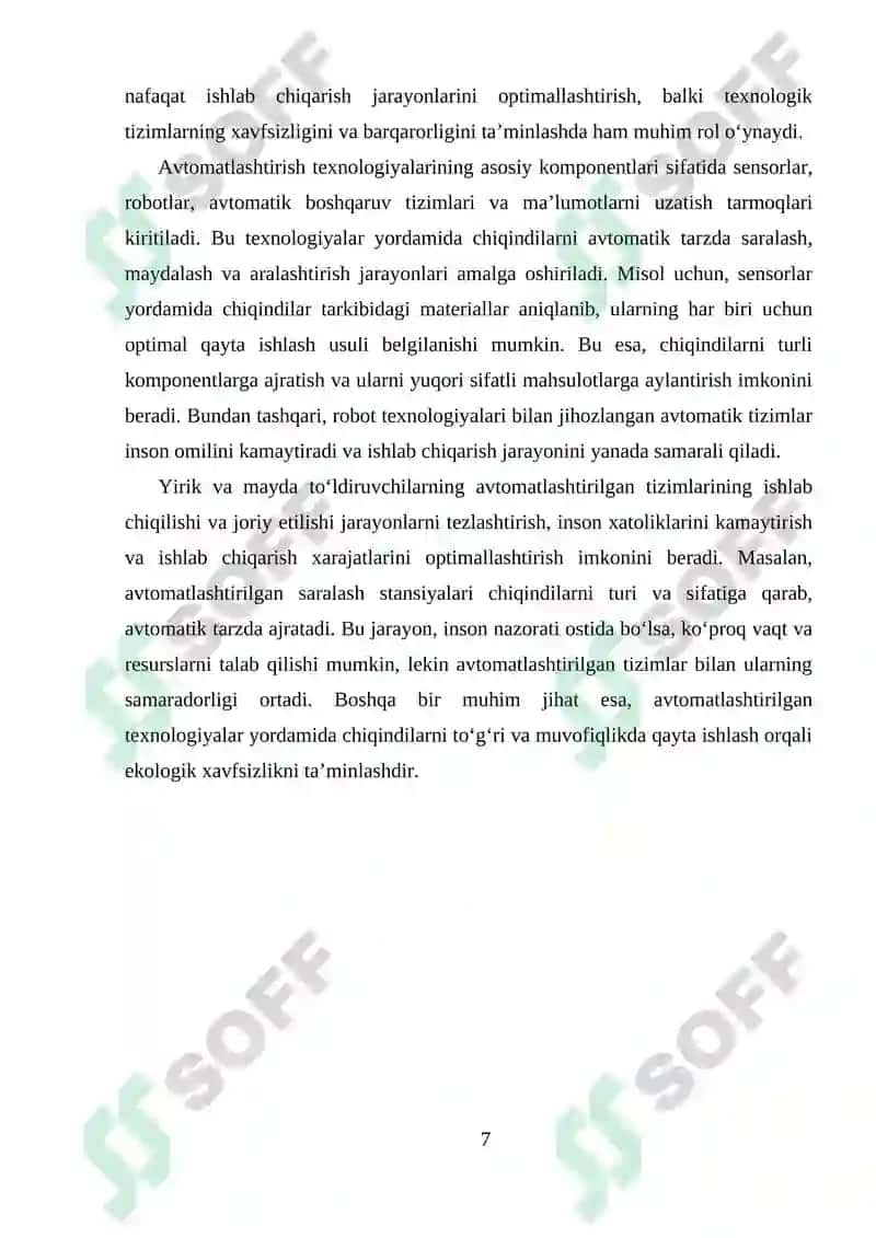 Qurilish chiqindilaridan unumdorligi 250 ming m3 bo‘lgan yirik va mayda to‘ldiruvchilar ishlab chiqarish sexining texnologik tizimlari 7