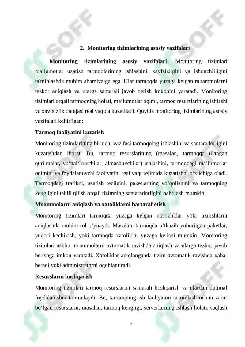 Ma’lumotlar uzatish tarmoqlarining ishonchlilik ko`rsatkichlariga talablar va ularni oshirish usullari. Ma’lumotlar uzatish tarmoqlarida monitoring usullari va protokollari 7
