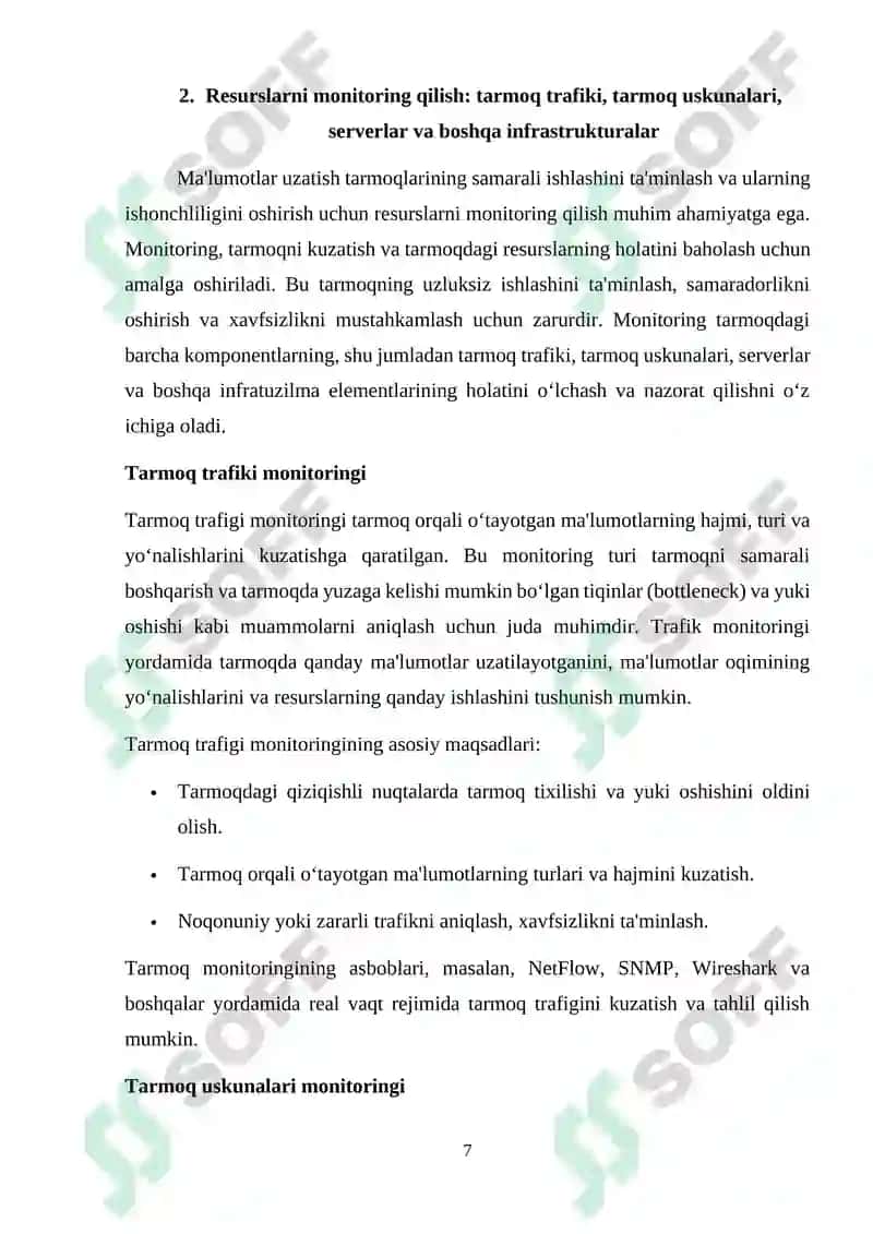 Ma’lumotlar uzatish tarmoqlarining ishonchlilik ko`rsatkichlariga talablar va ularni oshirish usullari. Ma’lumotlar uzatish tarmoqlarida monitoring usullari va protokollari 7