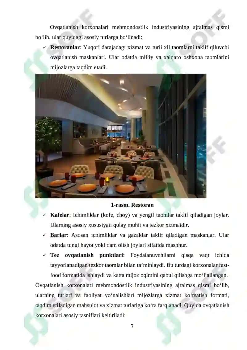 "MEHMONDO‘STLIK INDUSTRIYASIDA OVQATLANISH KORXONALARINING O‘RNI" 7