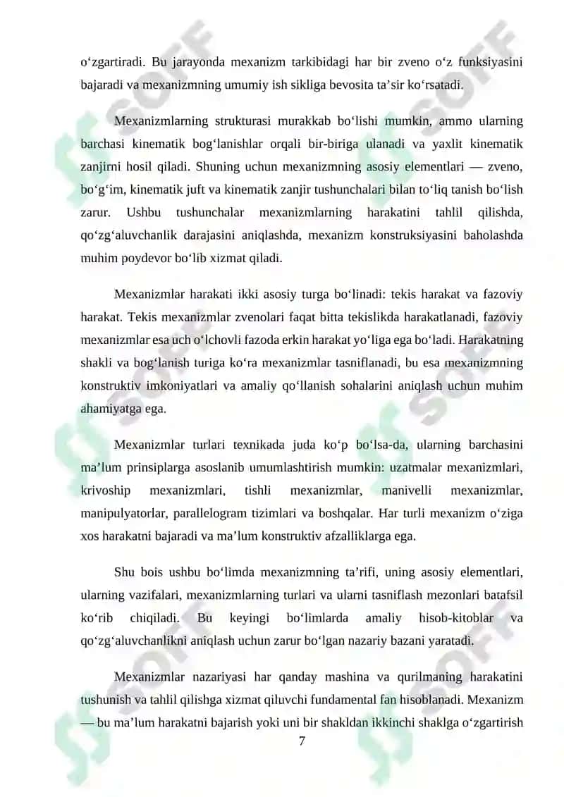 FAZOVIY VA TEKISLIKDA HARAKAT QILUVCHI MEXANIZMLARNING QO'ZG'ALUVCHANLIK DARAJASI, ULARNING KLASSIFIKATSIYASI 7