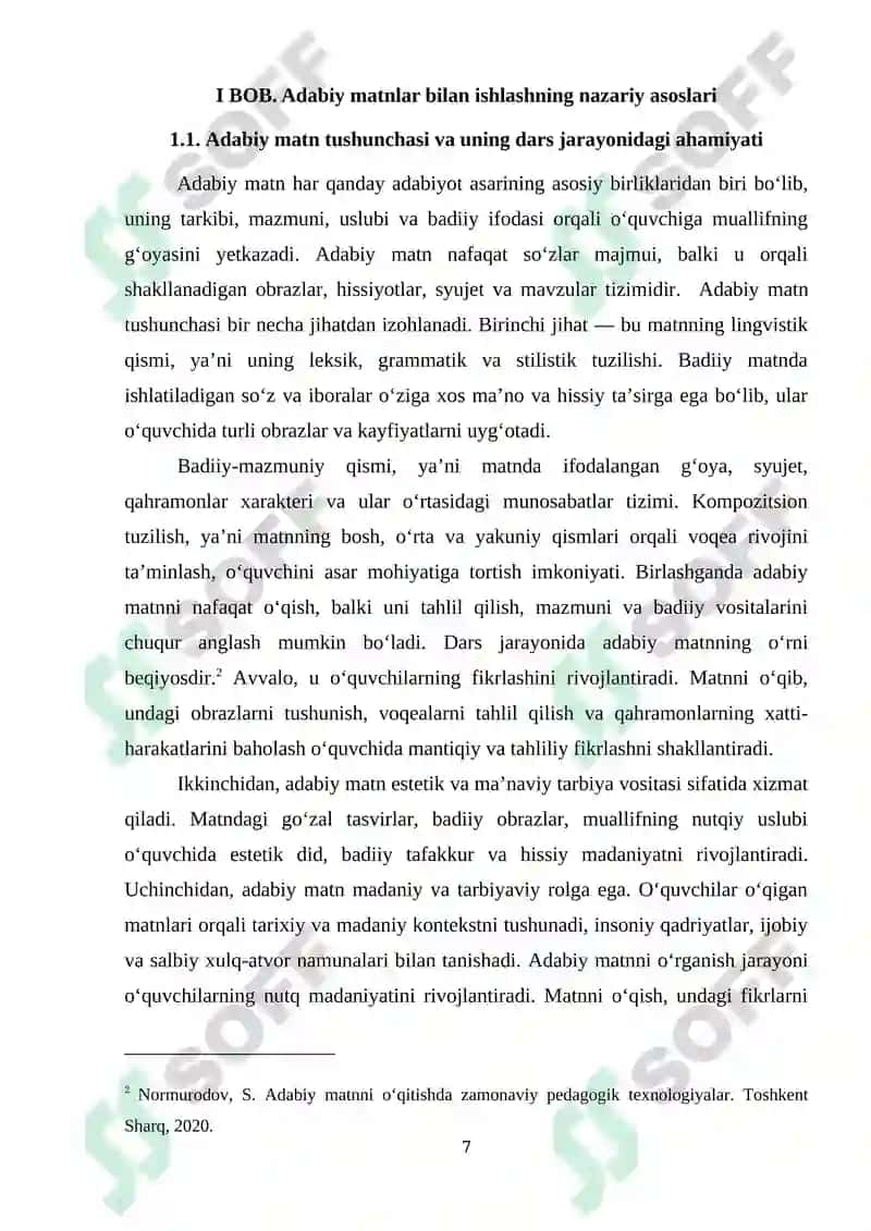 Adabiy matnlar bilan ishlashda yakunlovchi mashg‘ulotlarining o‘rni 7