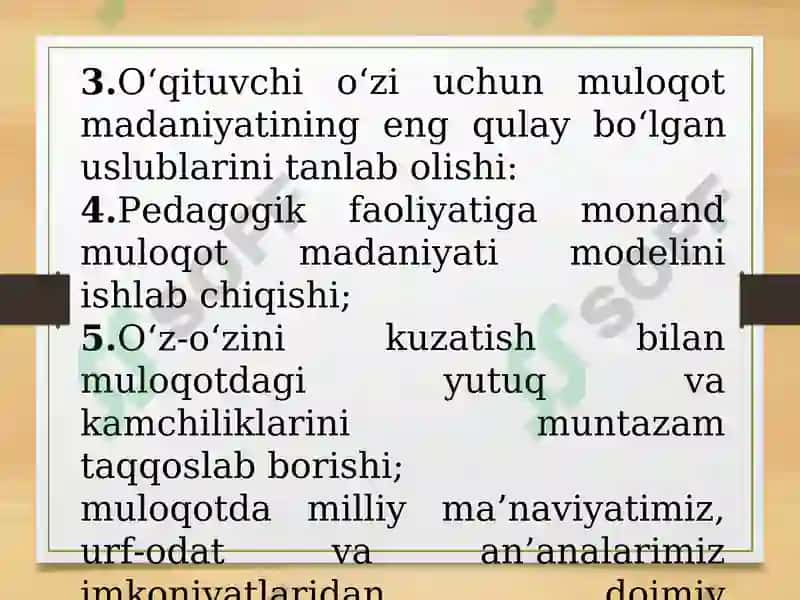 Oʻqituvchi kasbiy faoliyatida muloqot madaniyati va psixologiyasi. Oʻqituvchi va oʻquvchi oʻrtasidagi muloqot 7