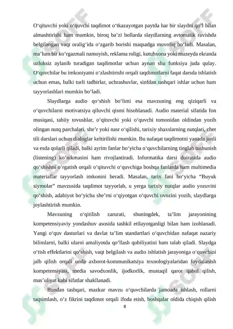 Umumiy orta talim maktablarining 7-sinfida Informatika va AT fanidan “Slaydga o‘tish effektlarini qo‘shish. Slaydlarga vaqt va audio qo‘shish” mavzusini o‘qitishda interfaol metodlardan foydalanish 8