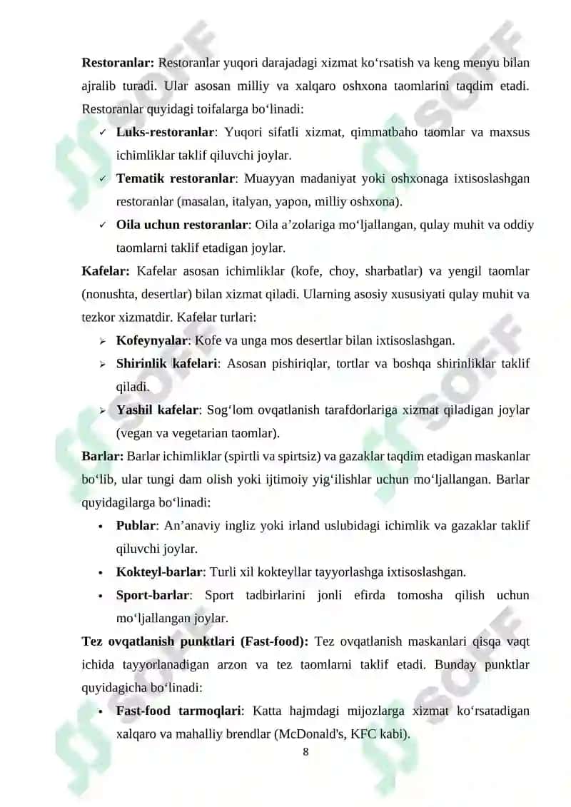 "MEHMONDO‘STLIK INDUSTRIYASIDA OVQATLANISH KORXONALARINING O‘RNI" 8