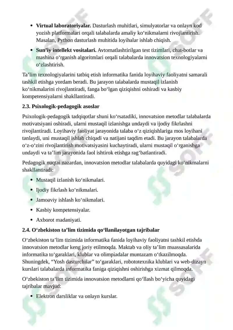 "Informatika fanidan loyihaviy faoliyatni tashkil etish metodikasi" mavzusida kurs ishi 8