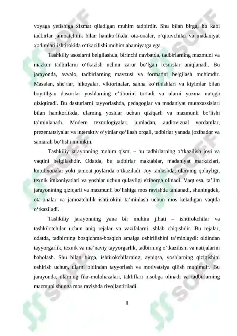 SAVOD O‘RGATISH DAVRIDA SINFDAN TASHQARI ISHLARNI (“SAVODXONLIK” BAYRAMI VA SHUNGA O‘XSHASH TADBIRLAR) UYUSHTIRISH 8