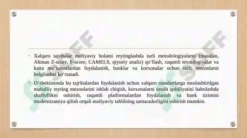 Moliyaviy holatni reyting baholash bo‘yicha xalqaro tajribalar va ulardan mamlakatimiz tahlil amaliyotida foydalanish imkoniyatlari. 8