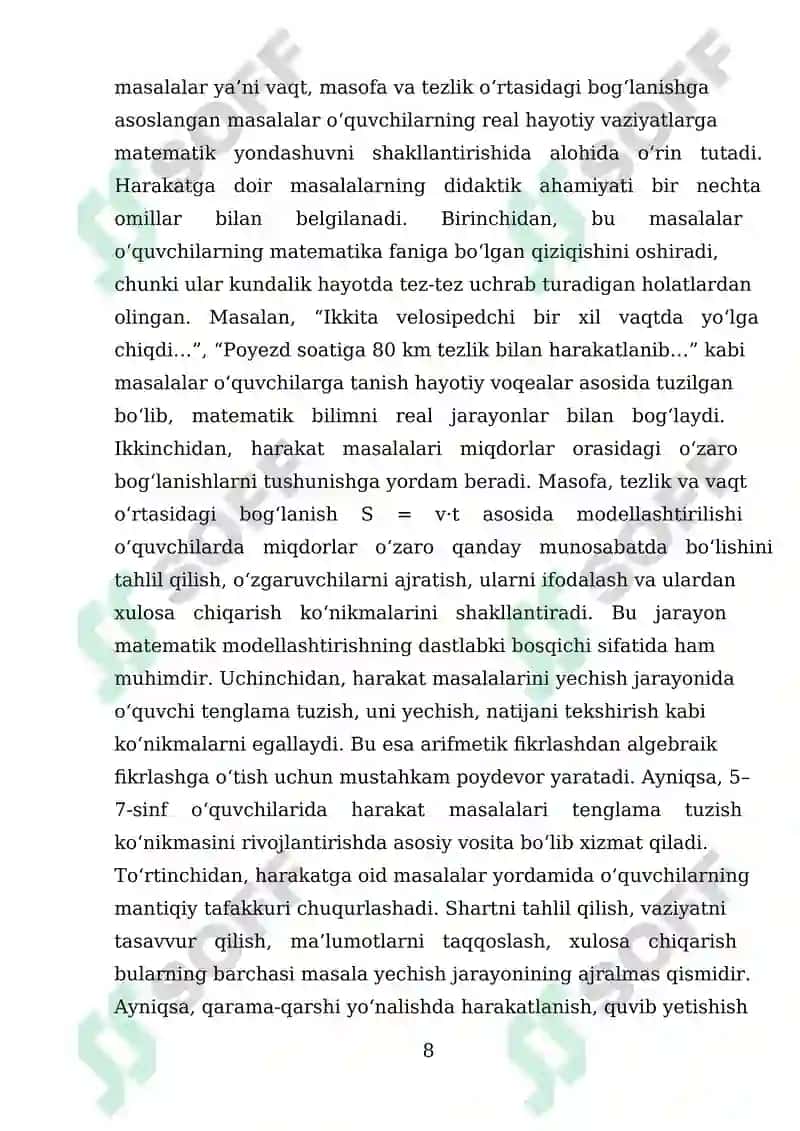 Matematika darslarida vaqt, masofa, tezlikka doir masalalar yechish 8