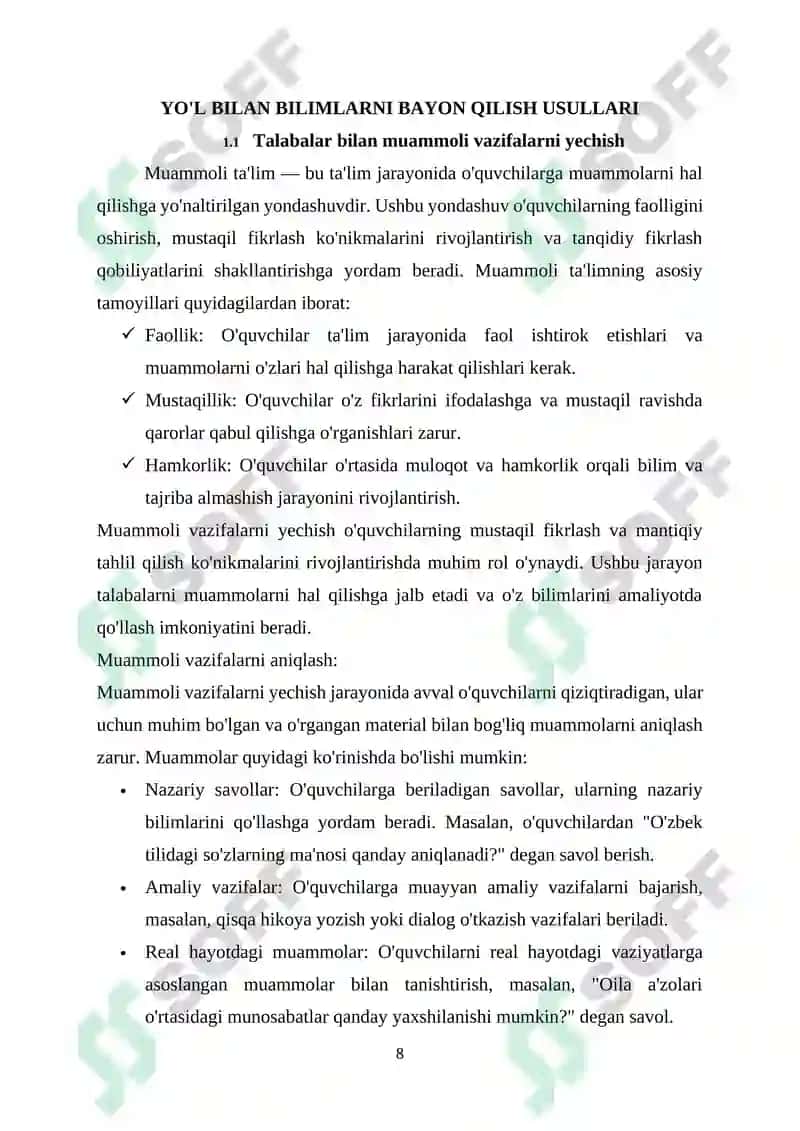 Ona tili oʻqitish metodikasi fani dars mashgʻulotlarida bilimlarni muammoli yoʻl bilan bayon qilish usullari 8