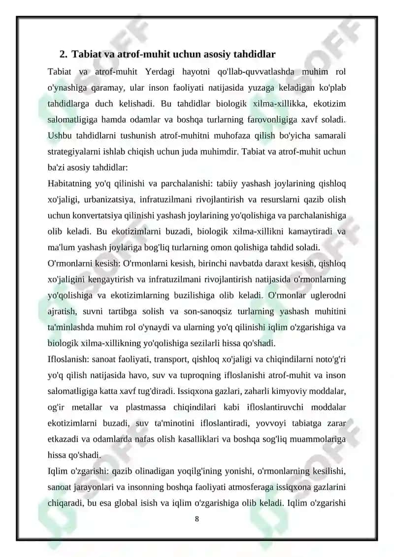 Tabiat va Atrof Muhitni Muhofoza Qilish 8