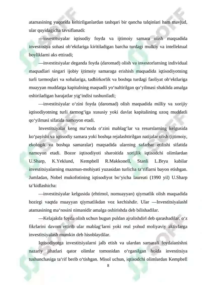 Mamlakat iqtisodiyotini rivojlantirishda investitsiyalarni o'rni va ahamiyati 8