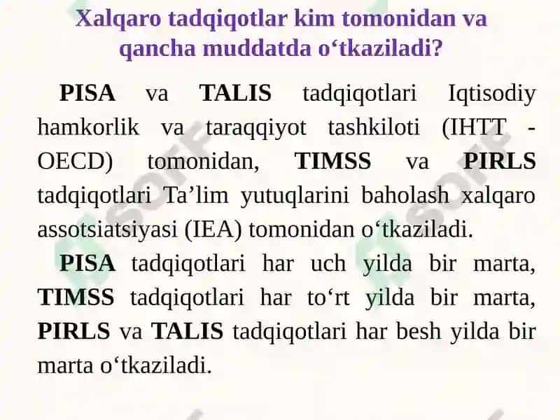 Xalqaro baholash dasturlari (PISA, TIMSS va PIRLS) tadqiqotlari natijalari asosida ta’lim samaradorligini oshirish. 8