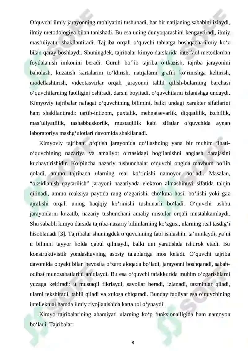 TAJRIBA O‘TKAZISH VA ULARNI OG‘ZAKI TUSHUNTIRISH BILAN UYG‘UNLASHTIRISH 8