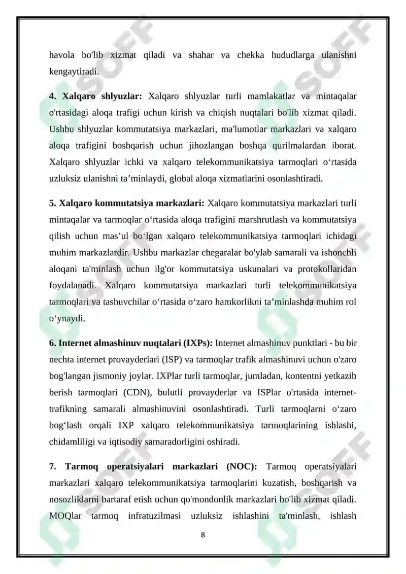 XALQARO TARMOQLAR-TELEFON QIT’ALARI, JAHON TELEKOMMUNIKATSIYA TARMOG‘I, XALQARO KOMMUTATSIYA MARKAZI XKM, XALQARO KONTINENTAL TARMOQLAR 8