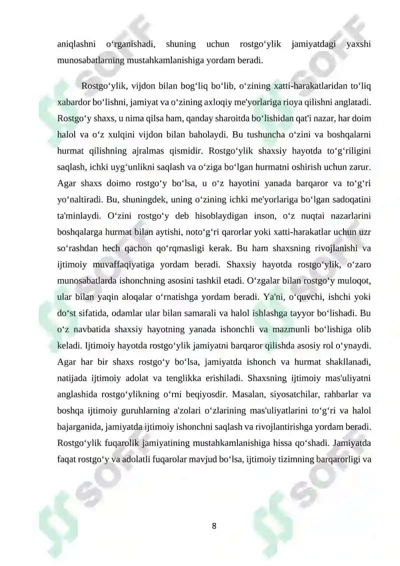 Shaxsga yoʻnaltirilgan texnologiyalar asosida Rostgoʻylik va burchni his etib yashash mavzusini oʻqitish 8