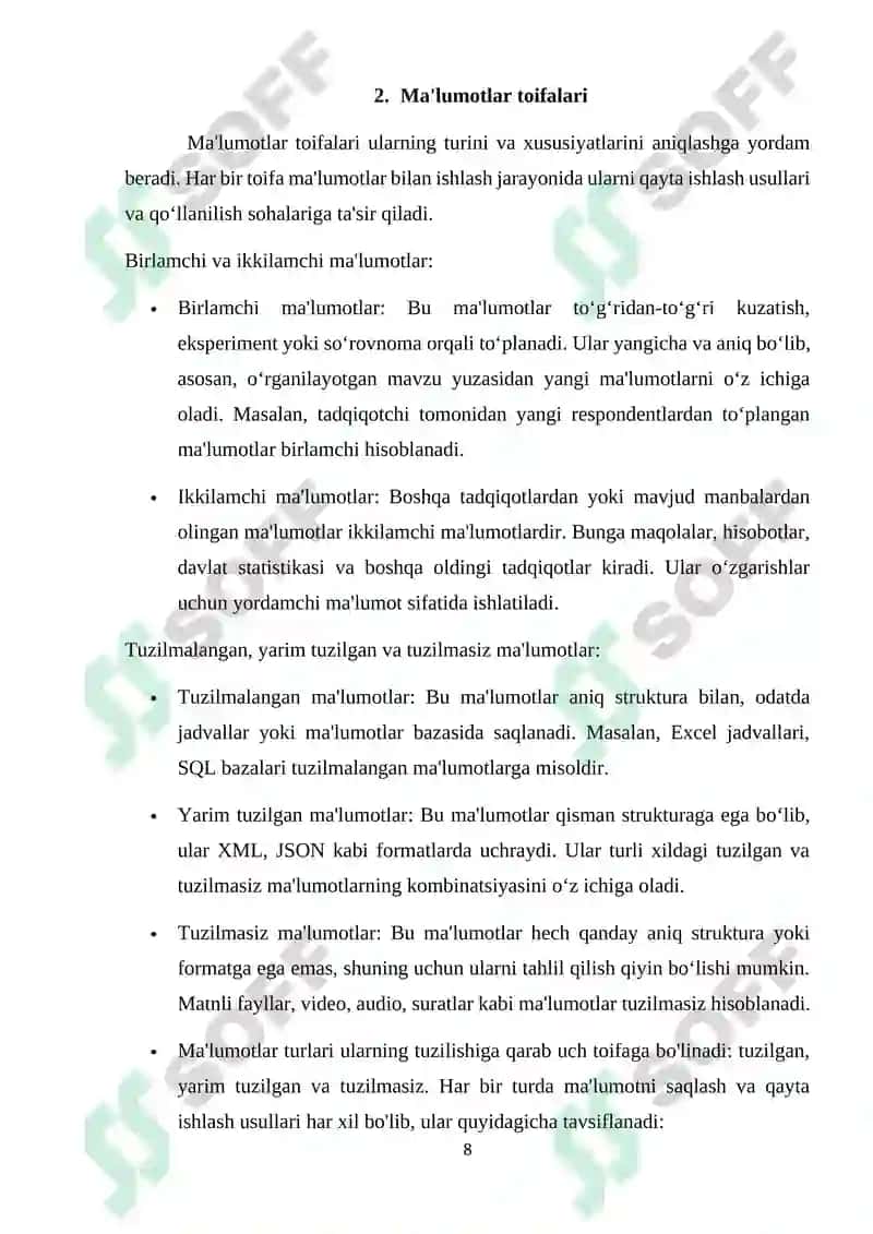 Ma'lumotlarni ifodalash bosqichlari. Maʼlumotlar toifalari 8