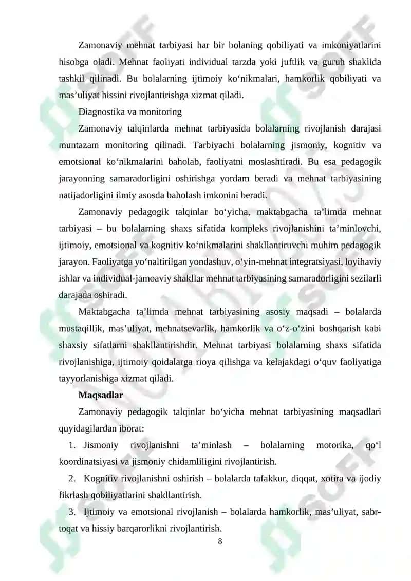 Maktabgacha ta`lim tashkilotlarida ta`lim-tarbiya jarayonini tashkil etishda mehnat tarbiyasining o`rni 8